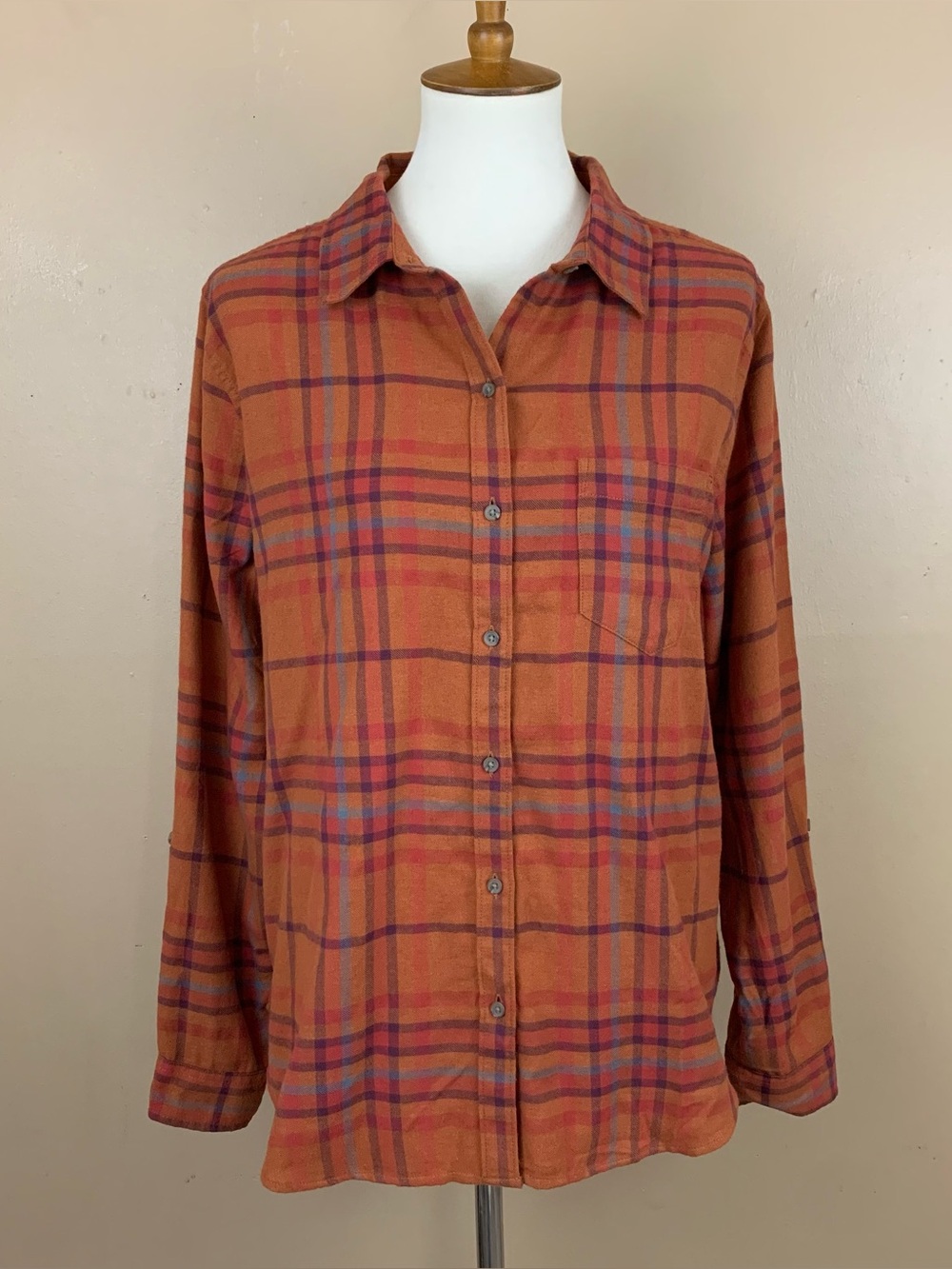 prAna Shirt Womens Large Orange Flannel Plaid Organic Cotton Roll Tab Sleeves